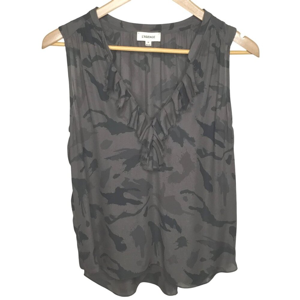 L’AGENCE Gray Black Silk Camo Ruffle V Neck Sleeveless Blouse Tank Top M